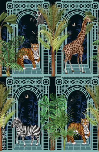 Seamless pattern with architectural arch, portal, animals and tropic trees. Vector.