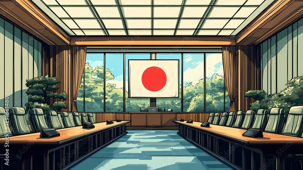 Fototapeta premium Classic Japan flag design, featuring a bold red sun on a white canvas, universally recognized in sports, politics, and heritage projects, comic book art style