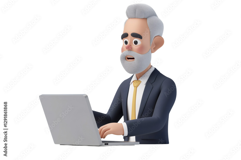 A focused businessman in his 60s wearing a formal suit is seated and typing on a laptop. His serious expression reflects deep concentration while he works on his tasks A focused businessman in his 60s wearing a formal suit is seated and typing on a laptop. His serious expression reflects deep concentration while he works on his tasks