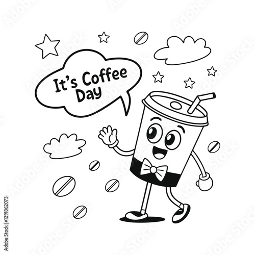 Happy Coffee Day Cartoon with Coffee Cup Character