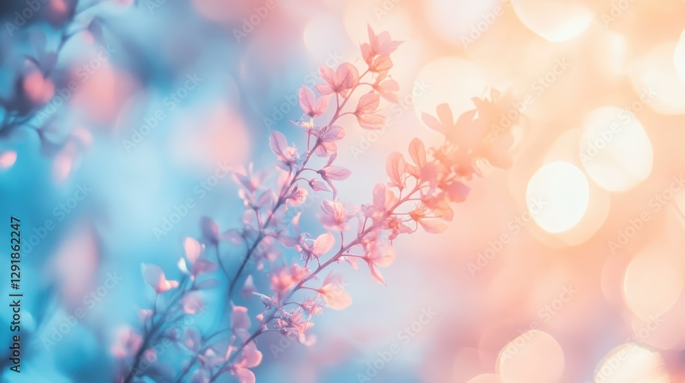 Fototapeta premium Delicate pastel flowers softly illuminated, creating an ethereal and dreamy atmosphere, perfect for spring-themed designs.