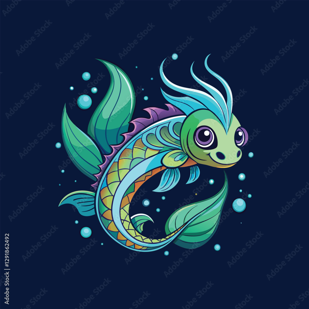 Fantasy fish with dragon-like features and vibrant colors on deep blue background Fantasy fish with dragon-like features and vibrant colors on deep blue background