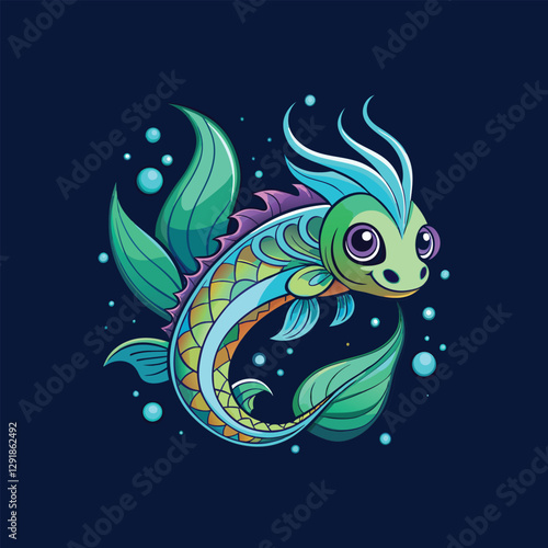 Fantasy fish with dragon-like features and vibrant colors on deep blue background