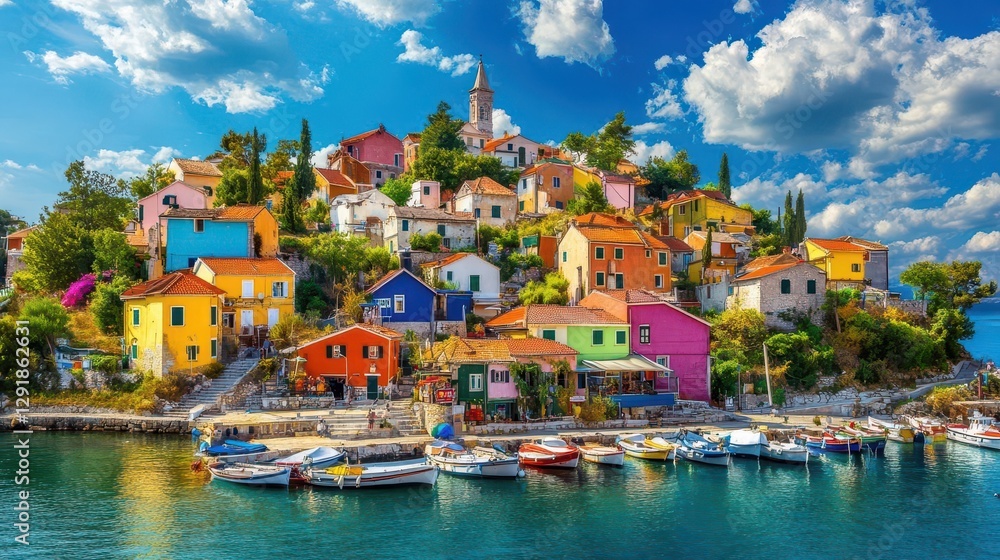 Fototapeta premium Medieval hill town with colorful homes and a majestic castle at the summit, historical grandeur, vibrant architectural harmony, regal village