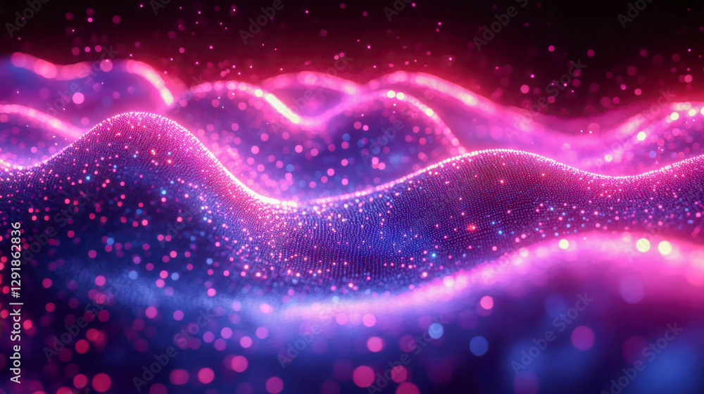 Abstract data wave in neon pink and purple hues, showcasing futuristic technology and motion with glowing particles and vibrant energy Abstract data wave in neon pink and purple hues, showcasing futuristic technology and motion with glowing particles and vibrant energy