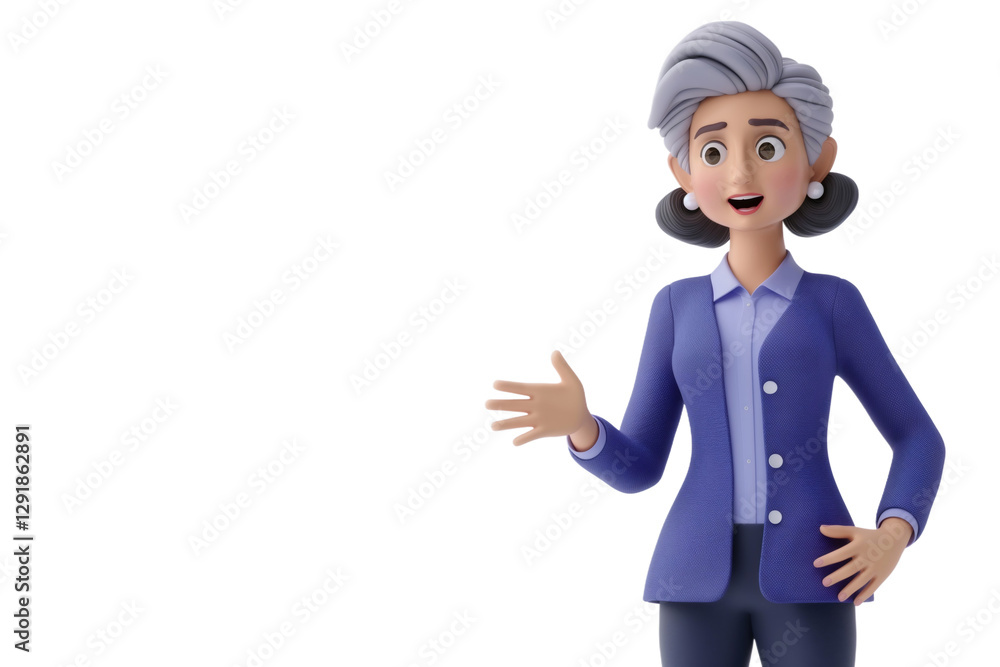 An older woman dressed in formal attire stands in front view, engaging the audience while giving a lecture. She gestures animatedly with her hand against a clean white background An older woman dressed in formal attire stands in front view, engaging the audience while giving a lecture. She gestures animatedly with her hand against a clean white background