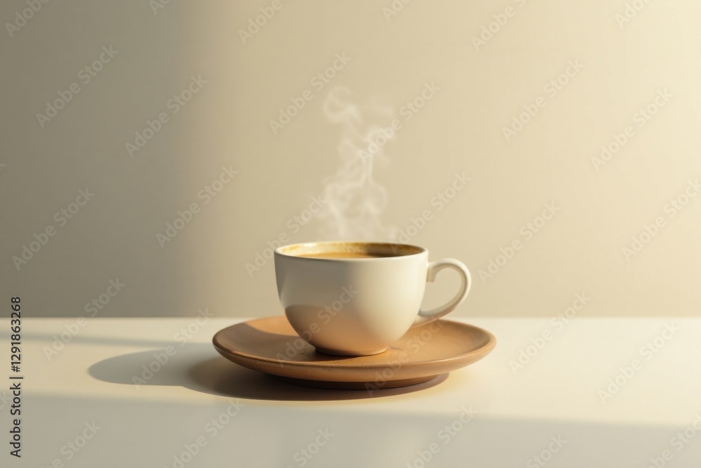 Obraz premium Aromatic Coffee Steam Rising from a White Mug on a Beige Saucer in Soft Sunlight