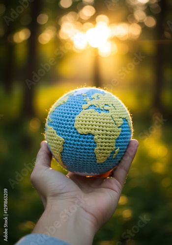 Hand Holding a Woven Green Earth with Care