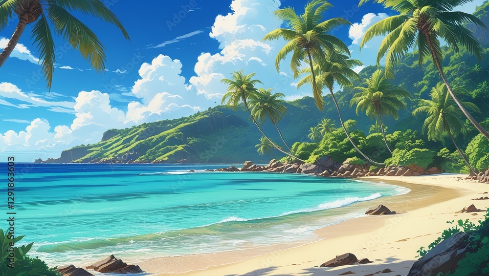 Naklejka premium Tropical Beach with Palm Trees and Clear Blue Water