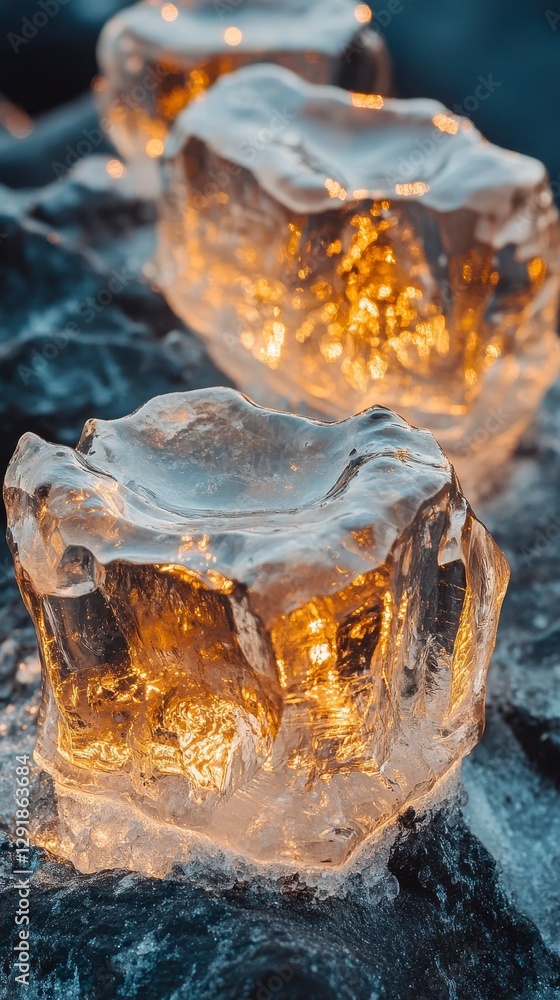 Glowing ice formations illuminated from within, creating a beautiful contrast against the dark background. Glowing ice formations illuminated from within, creating a beautiful contrast against the dark background.