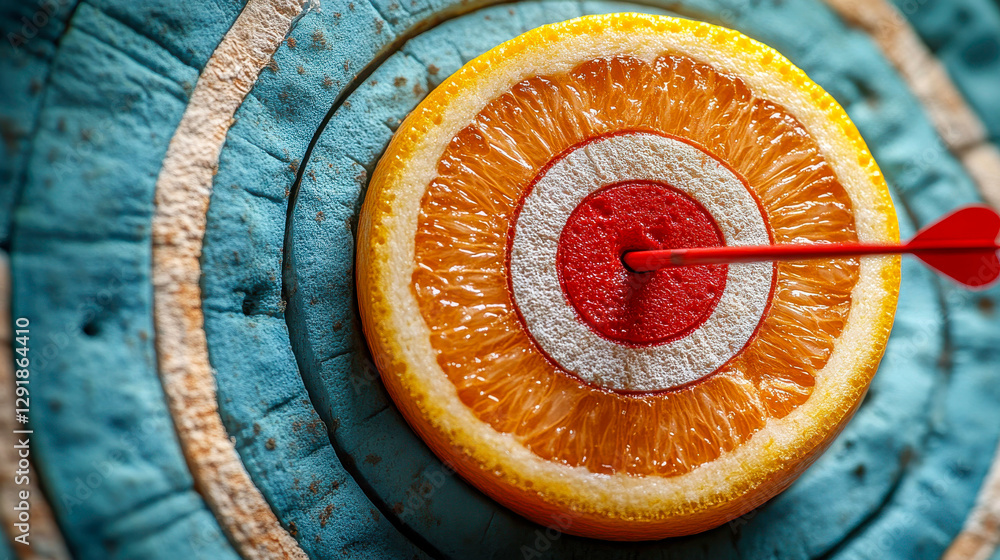 An orange with a red dart perfectly hitting the bullseye, symbolizing precision and accuracy, placed on a wooden surface An orange with a red dart perfectly hitting the bullseye, symbolizing precision and accuracy, placed on a wooden surface