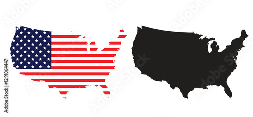 America map set. USA flag in map frame. Black silhouette map of United States of America.