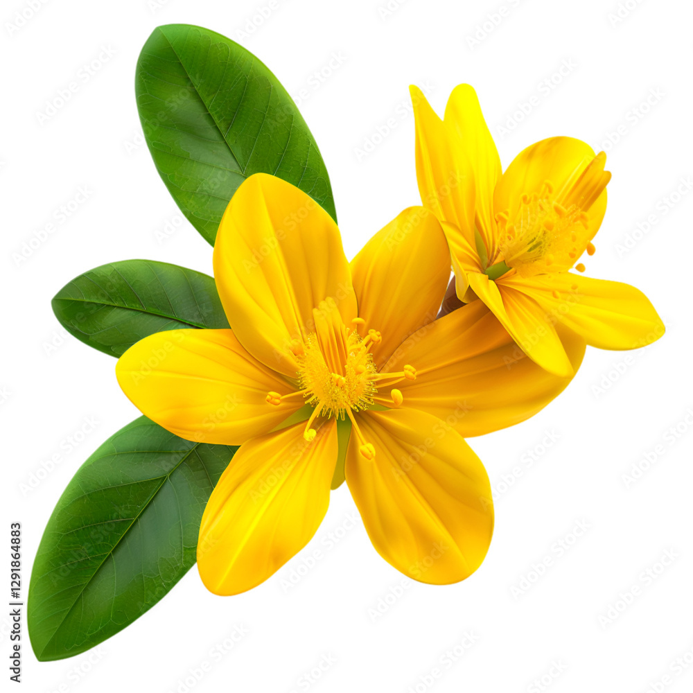Vibrant Yellow Flowers with Green Leaves Isolated on Black Background Vibrant Yellow Flowers with Green Leaves Isolated on Black Background