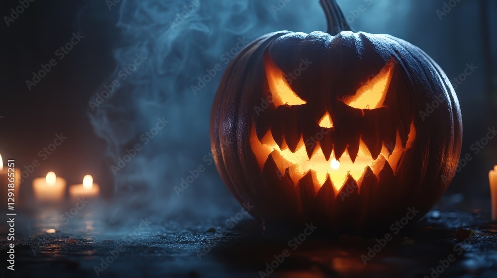 A menacing carved Halloween pumpkin glowing in the dark, surrounded by flickering candles and mist. A menacing carved Halloween pumpkin glowing in the dark, surrounded by flickering candles and mist.