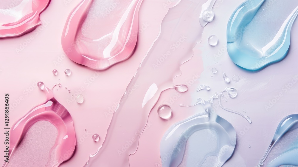 Composition with different colorful vibrant samples, smear of transparent gel or cream serums. Beauty product swatches on pastel background Composition with different colorful vibrant samples, smear of transparent gel or cream serums. Beauty product swatches on pastel background