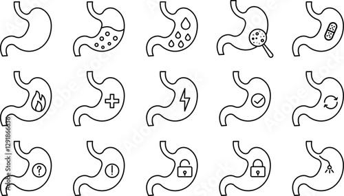 Digestive Health and Stomach Condition Icons for Gut Wellness.