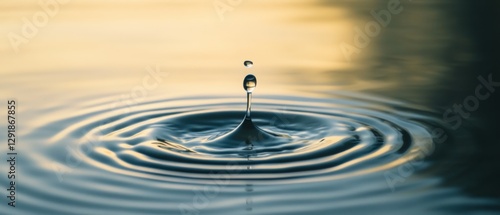 A water droplet sends ripples through a placid surface, creating elegant patterns of symmetry and tranquility in a golden atmosphere.