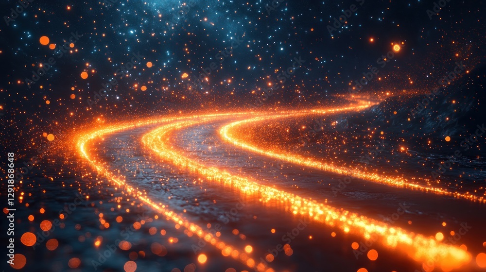 Glowing road curves through cosmic dust, night Glowing road curves through cosmic dust, night