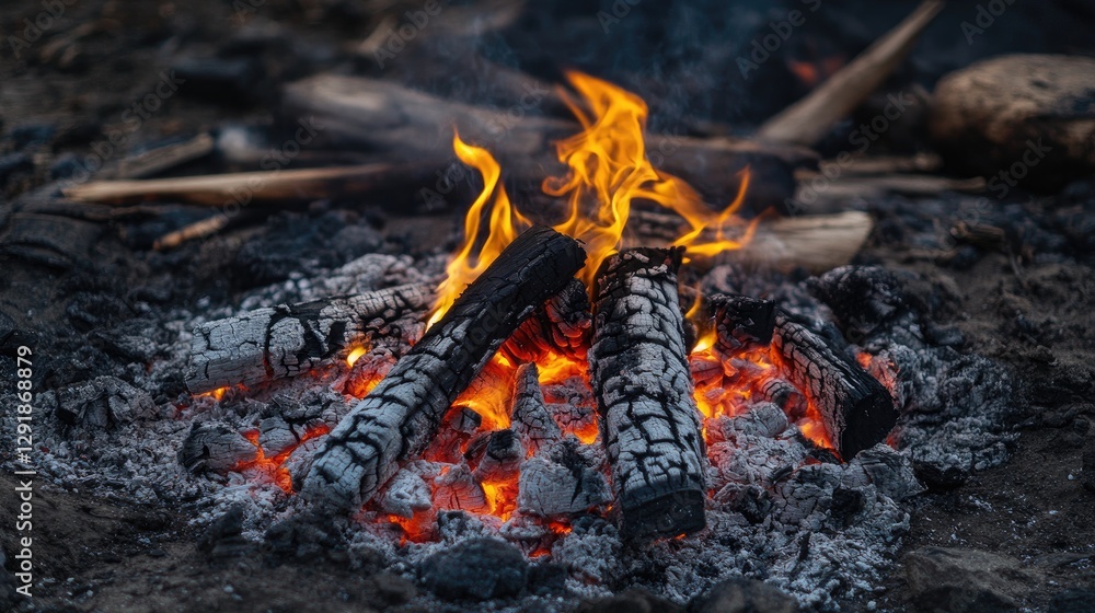 A slow-burning campfire with smoldering embers and occasional flickers of flame, surrounded by charred wood. - A slow-burning campfire with smoldering embers and occasional flickers of flame, surrounded by charred wood. -