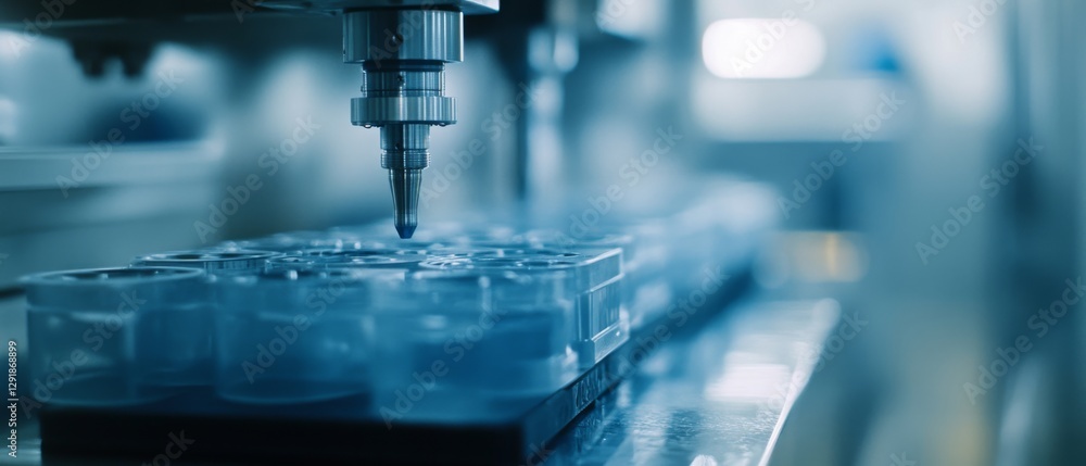 A precision machine depositing liquid into containers, highlighting a state-of-the-art laboratory's efficiency and technological expertise. A precision machine depositing liquid into containers, highlighting a state-of-the-art laboratory's efficiency and technological expertise.