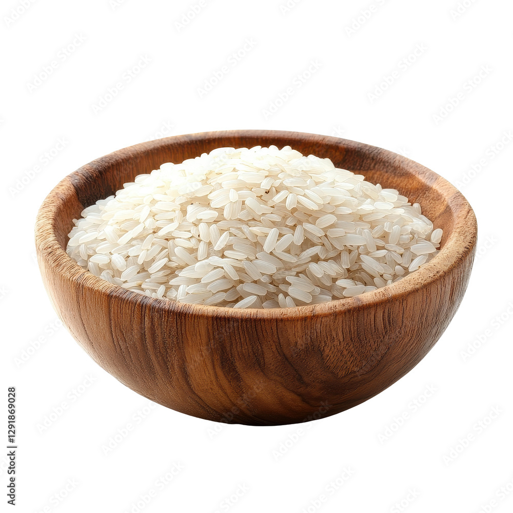 Delicate rice grains in a rustic wood bowl against a clean Transparent background, Rice grains in wood bowl isolated on PNG background Delicate rice grains in a rustic wood bowl against a clean Transparent background, Rice grains in wood bowl isolated on PNG background