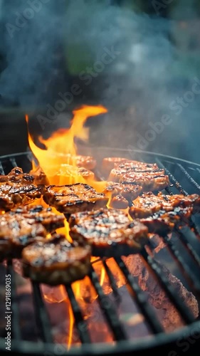Outdoor grilling, juicy meat on flames, backyard barbecue, delicious meal