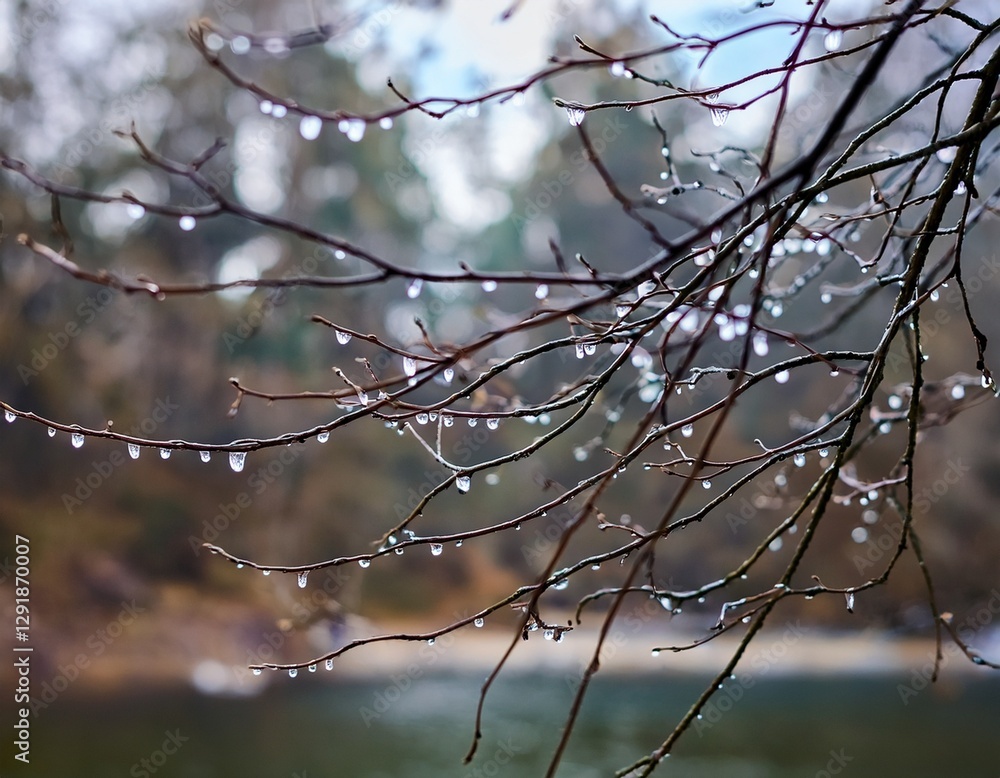 Obraz premium A detailed close-up of raindrops clinging to the bare branches of trees, with the soft light reflecting off the water. The remnants of winter are visible as the last traces of frost melt away