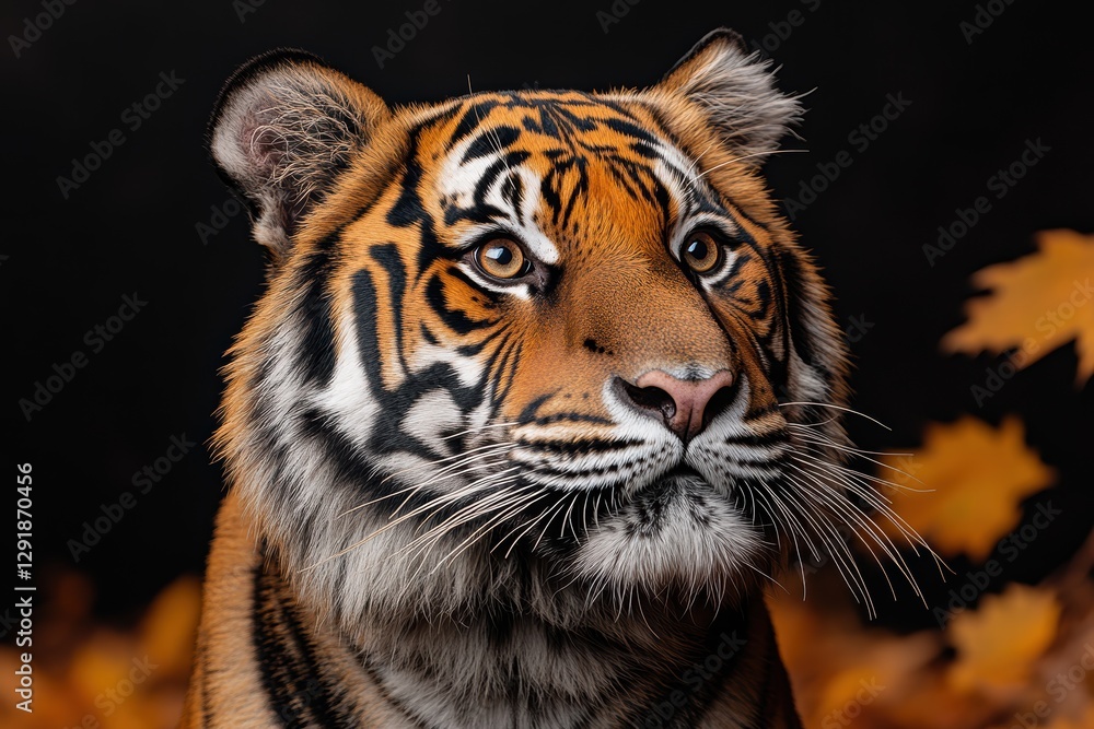 Fototapeta premium Close-up view of a tiger's head showcasing its striking features and intense expression