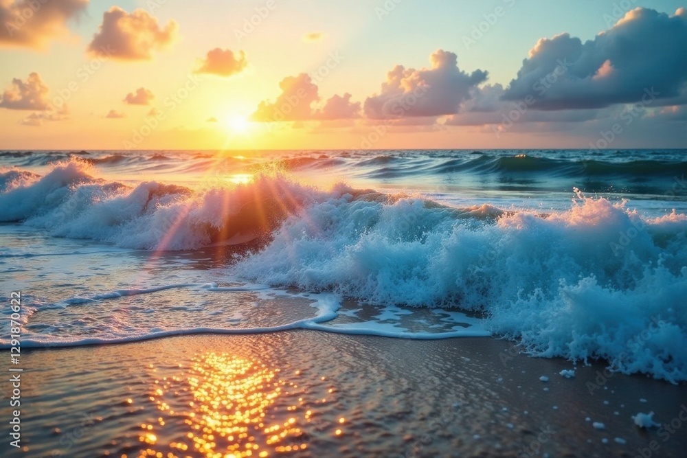 Fototapeta premium Golden Sunset Rays Illuminate Ocean Waves Crashing on Sandy Shore