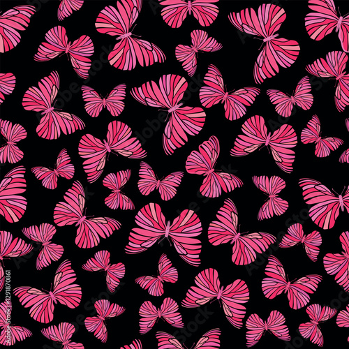 Seamless butterfly pattern. Repeating hand drawn vector print with a variety of pink butterflies on black background
