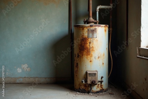 A weathered water heater stands in a forgotten corner, its rusted surface telling tales of years past within an aged building