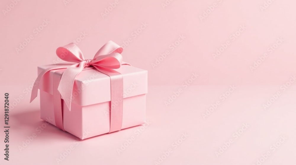 A Delicate Pink Gift Box with a Graceful Ribbon Bow on a Matching Pastel Background A Delicate Pink Gift Box with a Graceful Ribbon Bow on a Matching Pastel Background