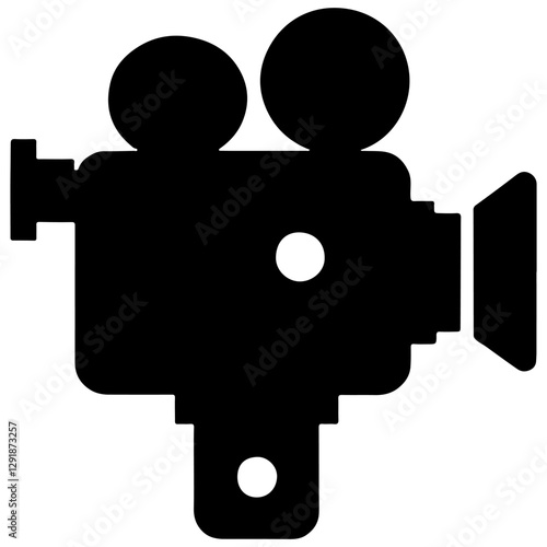 Black silhouette vector  of a vintage movie camera icon with two lenses and a viewfinder.