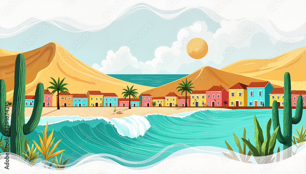 Fototapeta premium Vibrant Aruba landscape with cacti and ocean waves, tropical bliss