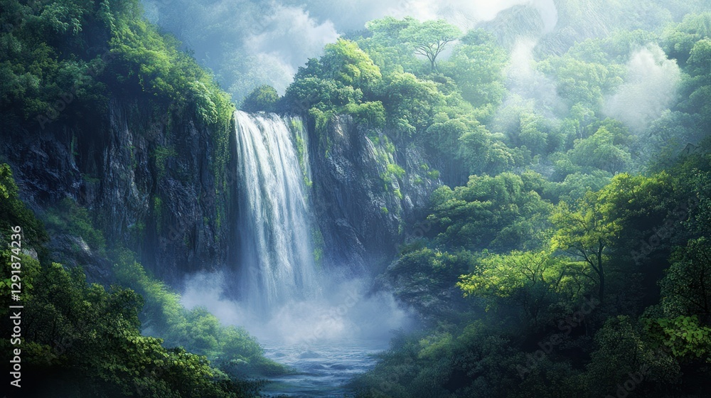 Fototapeta premium Majestic waterfall cascading down misty mountain in lush green jungle