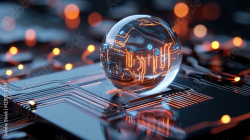 3D rendered futuristic microchip encased in a transparent glass sphere, surrounded by glowing holographic circuit lines, cyber tech aesthetic, sleek neon