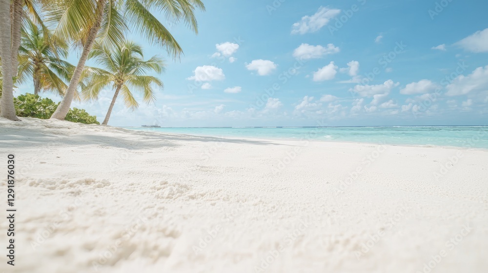 Obraz premium Tropical beach, palm trees, clear sky, ocean background; travel brochure