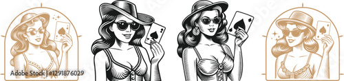 set of Pin-up girl holding ace of spades card vector, engraving sketch ink poster black illustration etching style tattoo hat, sunglasses, Pin Up, Girl, Ace, Spades, Black, White, Classic, Luck