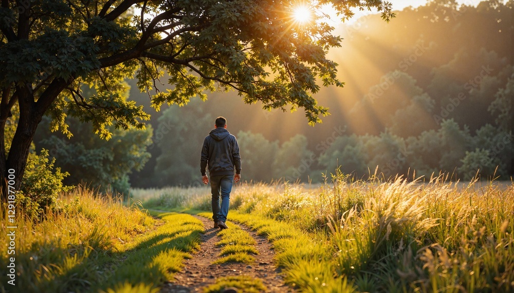 Man walking through grassy path in sunset Man walking through grassy path in sunset