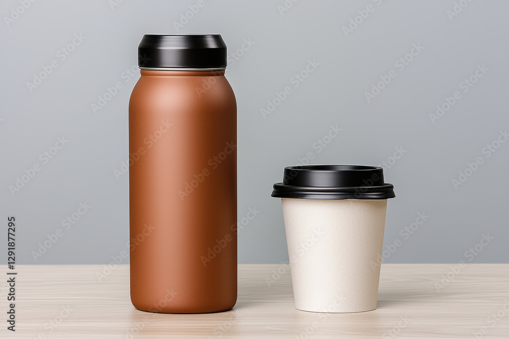 close up of reusable water bottle and coffee cup on wooden table, showcasing eco friendly choices close up of reusable water bottle and coffee cup on wooden table, showcasing eco friendly choices