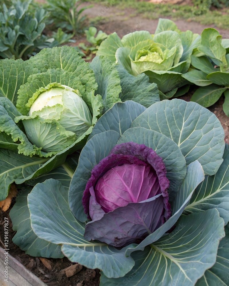Fototapeta premium A garden with different varieties of cabbage growing, including a striking purple one.