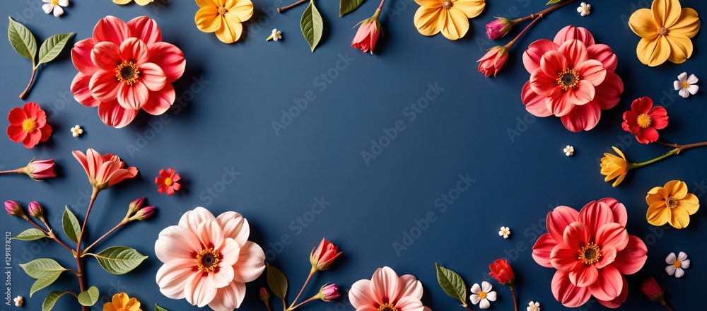 Floral frame with pink and yellow flowers on a dark blue background, flat lay, top view, copy space for text or design.