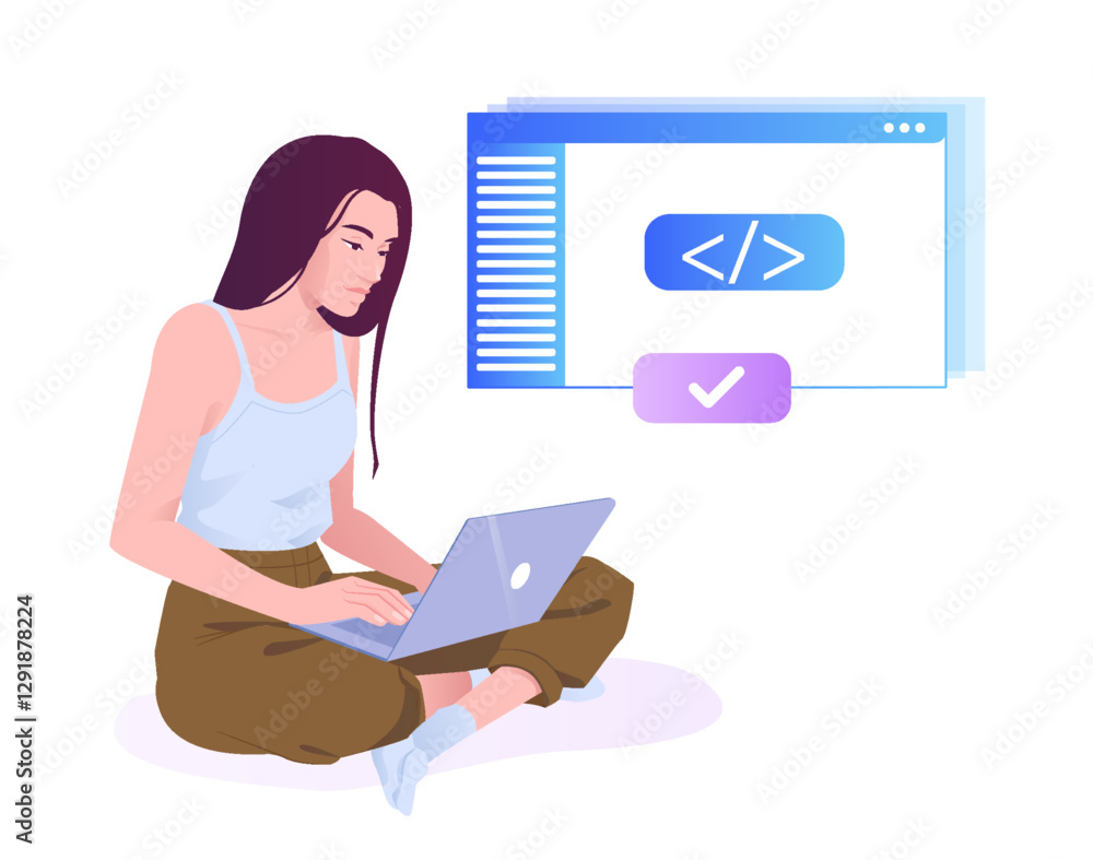 Woman coding on laptop. Vector illustration Woman coding on laptop. Vector illustration