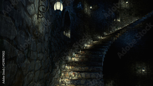 Medieval spiral staircase. Stone tower with rock and windows walls, lamps and candles at night. 3d rendering.