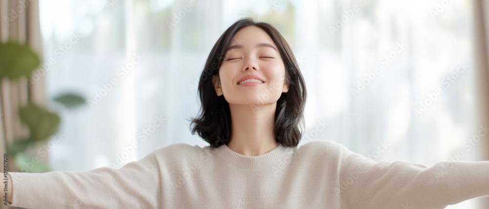 woman taking a deep breath with closed eyes woman taking a deep breath with closed eyes