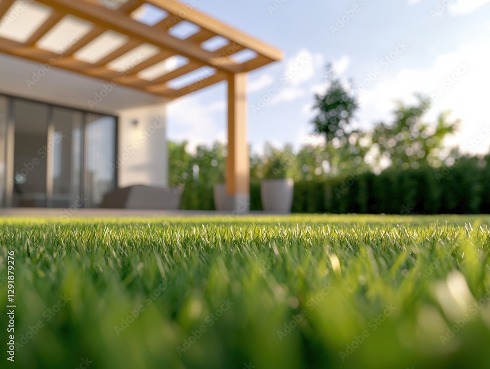Obraz premium Close-up of a lawn, modern house and backyard
