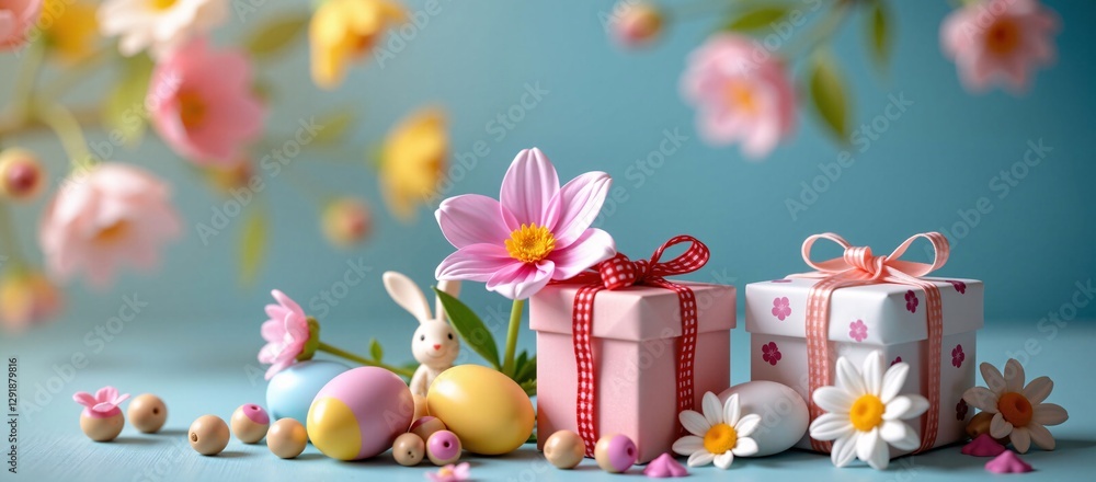 Easter Bunny with Flowers, Eggs, and Gifts on Table