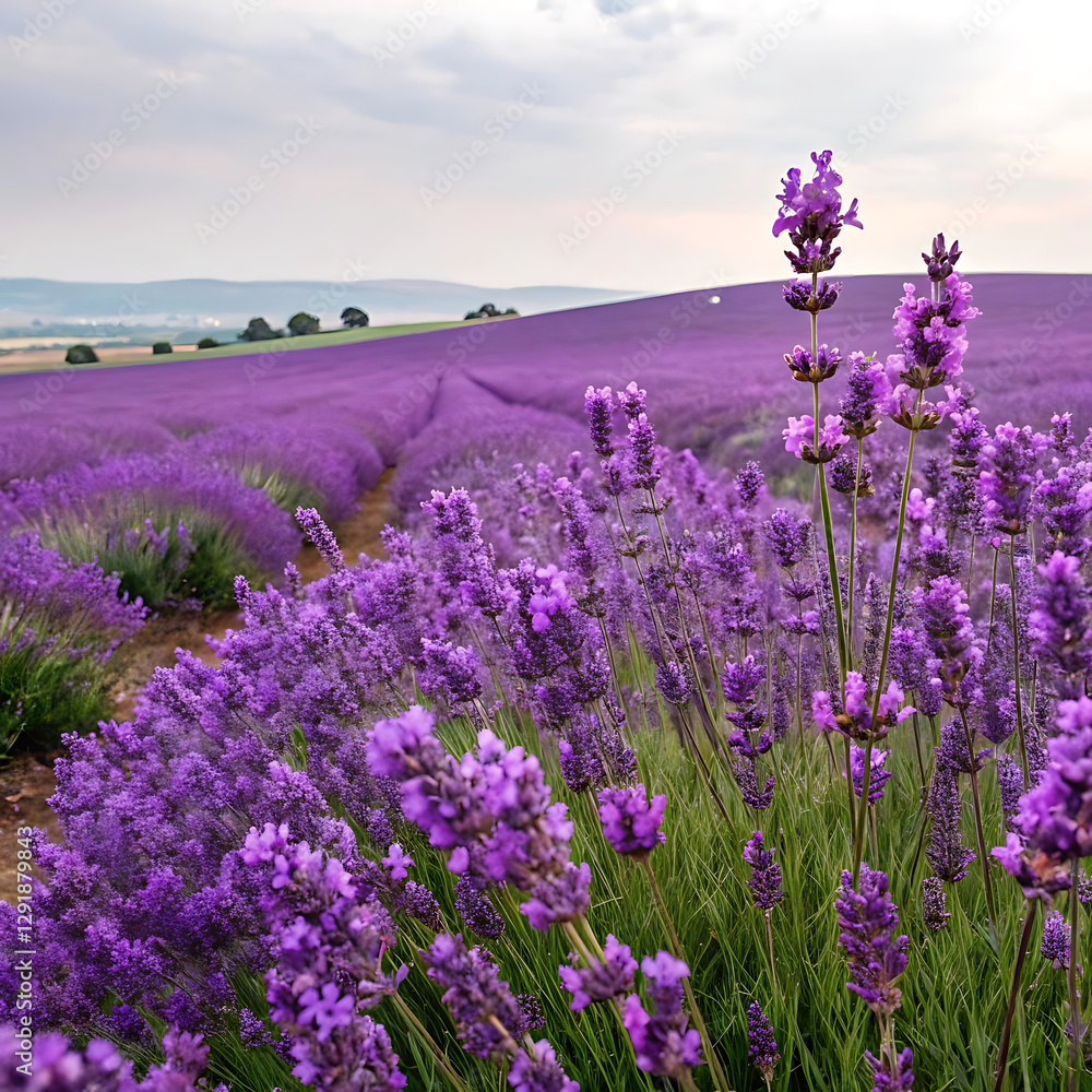 Obraz premium Fields of Purple: A Picturesque and Tranquil View of a Lavender Field in Full Bloom, with Winding Rows of Purple Flowers Leading to Rolling Hills. 