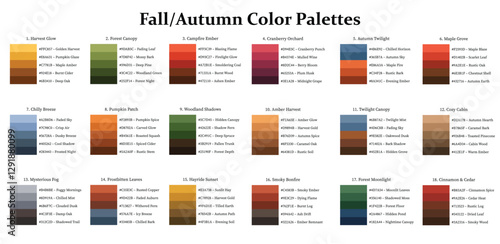 Color Palettes 18x5 Swatches Fall or Autumn Season - Cool, Warm, Neutral, Bright, Mix Colors - with HEX Codes and Names, Colour Scheme and Combinations