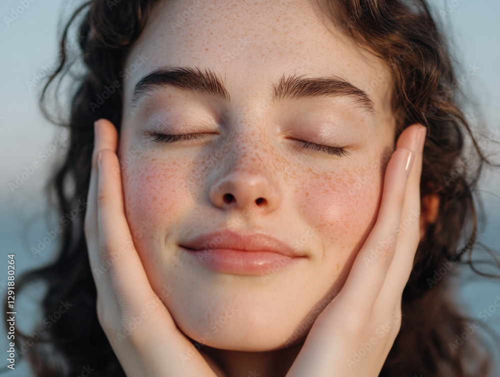 Fototapeta premium Woman with Freckles Touching Her Face